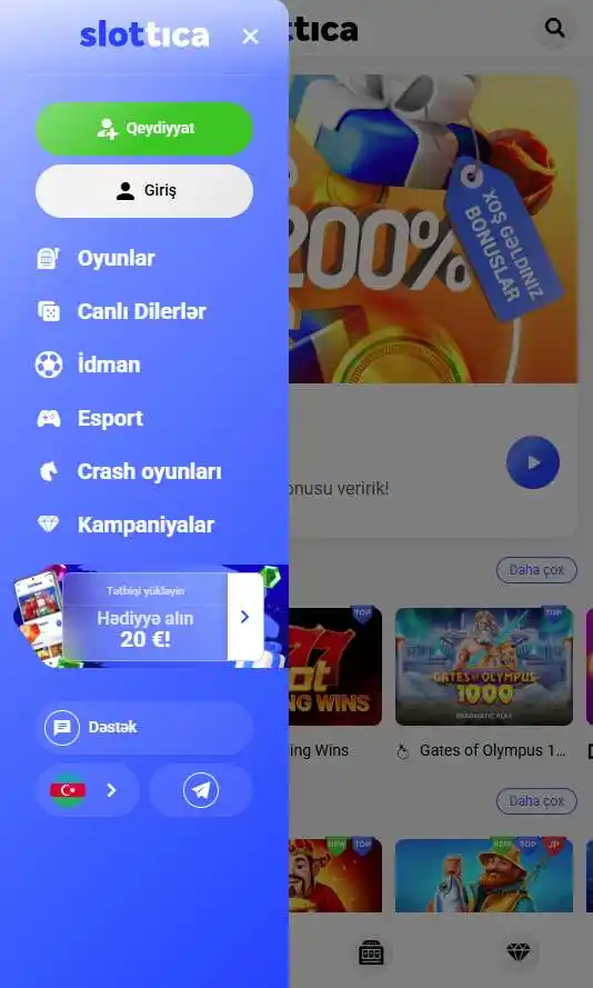Bütün funksiya və bölmələrlə mobil tətbiqin əsas menyusu